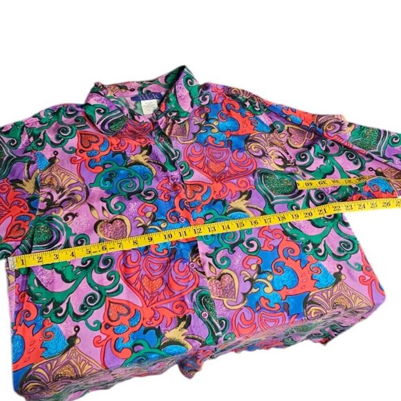 HER Womens 100% Silk, Heart Printed Button Down Shirt, Blouse, Size Large - Picture 2 of 6